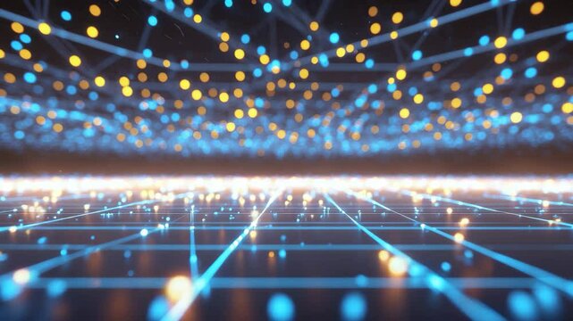 Background of science fiction with glowing particles, depth of field, and bokeh, particles creating line and abstract surface grid effects, Ai rendering V3 blue