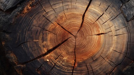 A macro shot of a cut tree stump, revealing the intricate growth rings and wood grain.