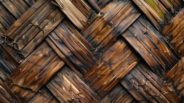 Filipino nipa hut ceiling structure, close-up, bamboo weaving and palm thatch, warm tropical tones
