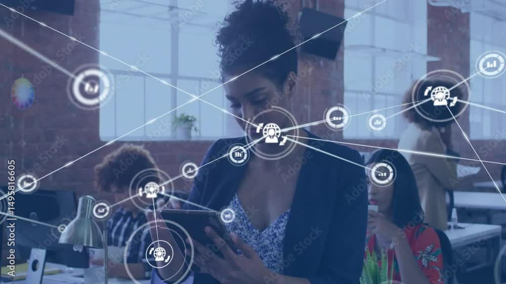 Poster businesswoman scrolling tablet content and spawning animated data network for insight unlocking