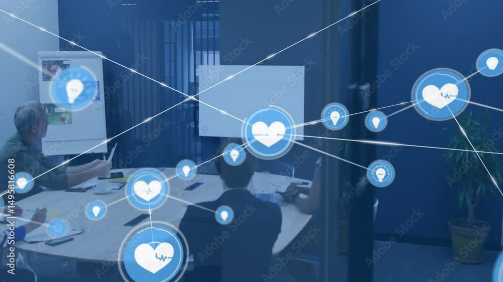 Poster business team viewing heart icon fading and mapping teamwork via animated icon network across table