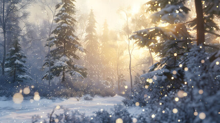 A snowy forest scene with sunlight filtering through the trees and falling snow creating a magical effect