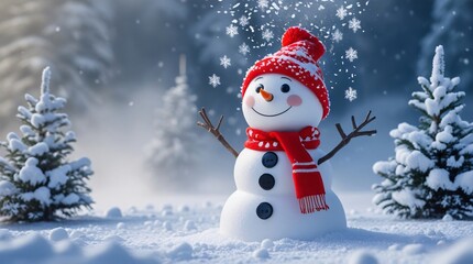 Fototapeta premium Happy snowman in snowy winter wonderland