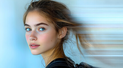 Young woman with a soft gaze and flowing hair against a light blue background with motion blur effect on one side