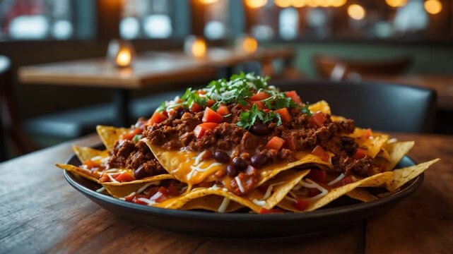 Spicy beef nachos served in a caf&eacute; or restaurant.