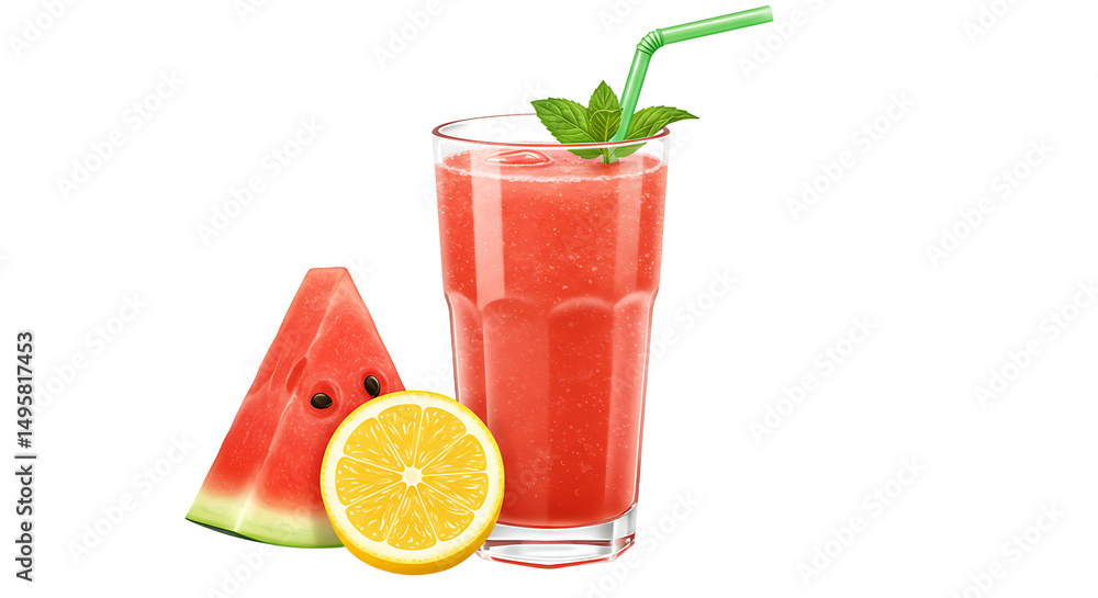 Poster a refreshing watermelon juice with lemon slice and a straw isolated on a black background scene view