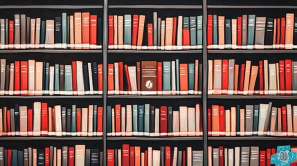 Full bookcase shelves filled with various colored books.