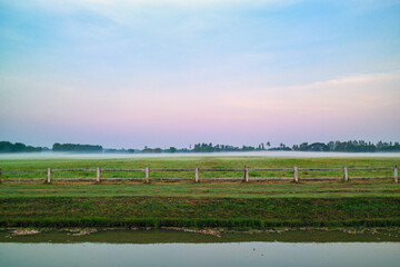 Obraz premium Rural landscape with morning mist over green field and canal