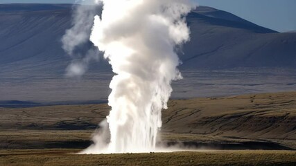 Geothermal steam plume rising from arid landscape in geothermal field, creating column of vapor against distant mountain range under a clear blue sky. - Powered by Adobe
