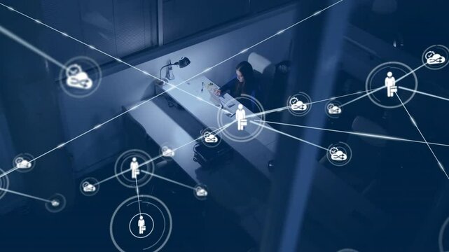 Woman by window tapping device as user icon fading and spawning mapping tech network connections