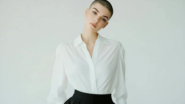 Elegance Redefined: A striking portrait of a woman with closely cropped hair, exuding confidence and poise in a minimalist aesthetic, her attire speaks volumes.
