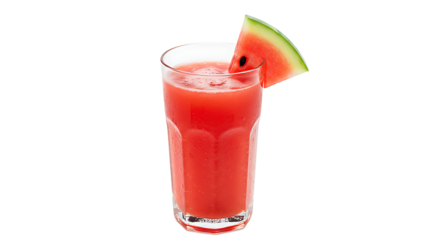 A glass filled with watermelon juice and garnished with a slice of watermelon on a black background
