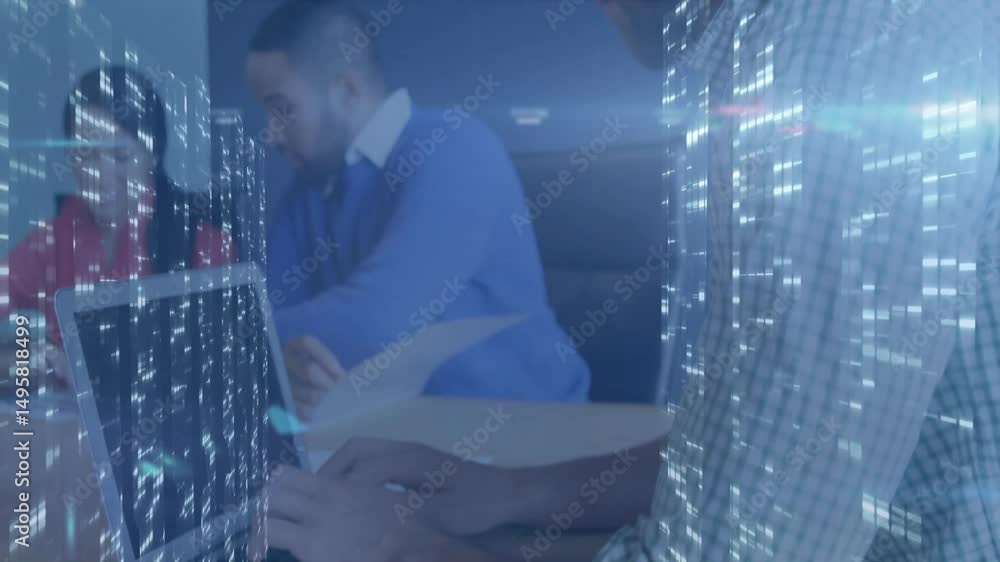 Poster city lights matrix shimmering while team typing and taking notes, enhancing business data planning