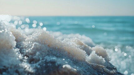 An extreme close-up of salt crystals forming on a rock by the ocean.
