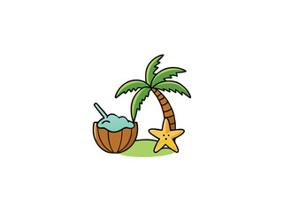 Tropical Summer Vacation Coconut Drink Palm Tree Starfish Illustration