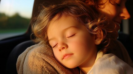 Child peacefully sleeping in a car during a sunset while being held by a caring adult