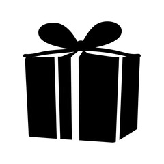 A simple black and white silhouette illustration of a present with bow