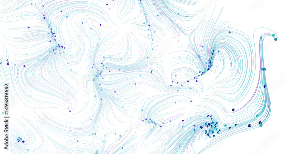 Poster fluid dynamic design with blue swirls and particles. perfect for tech, science, or abstract backgrou