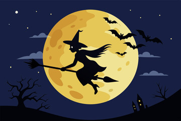 Magical witch on broomstick under a full moon sky
