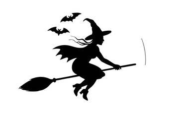 Halloween night witch flying across moonlit sky