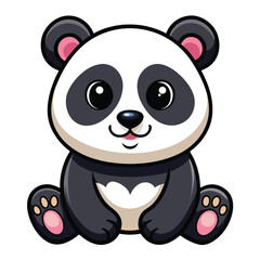 A fluffy baby panda with black eye patches sits comfortably  with white background.