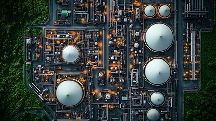 Aerial view of a modern industrial complex showing chemical plants and storage tanks photo
