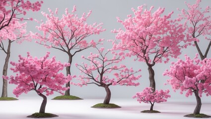 Isolated Sakura tree displaying fully bloomed pink flowers on a white backdrop