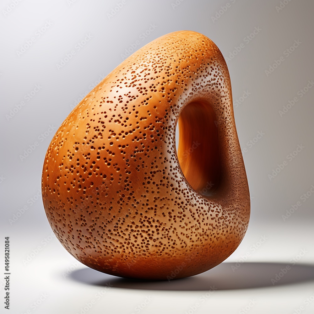 Poster unique perforated abstract shape with smooth orange gradient and central hole, resting on a white su