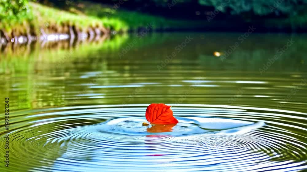 Poster single red leaf dropping into tranquil lake creating circular ripples, surrounded by green trees ref