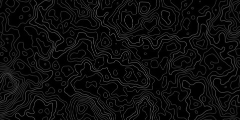 Abstract Topographic map design with Seamless pattern with lines on black background. geographic contour map paper texture. Retro topographic map. geographic mountain relief. terrain path isolated on 