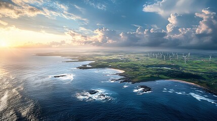 Aerial view of coastal landscape with wind turbines near seashore.