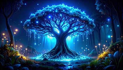 Fototapeta premium Enchanted Glowing Tree in a Magical Forest Fantasy Art