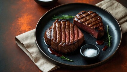 Plate of barbecue beef steak. Dark background. Top-down view. Room for copy.