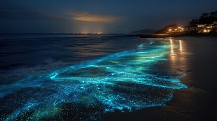 Bioluminescent waves glow blue on a dark beach at night.