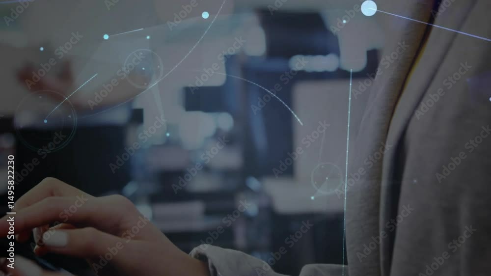Aufkleber woman tapping tablet and visualizing data network with glowing overlay in business office