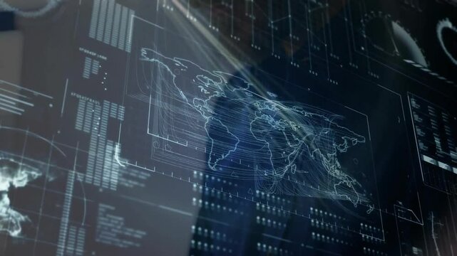 Mid adult male watching map display launch on route lines animating and stats updating for analysis