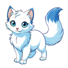 A small, fluffy white kitten with striking blue eyes walks to the right with white background