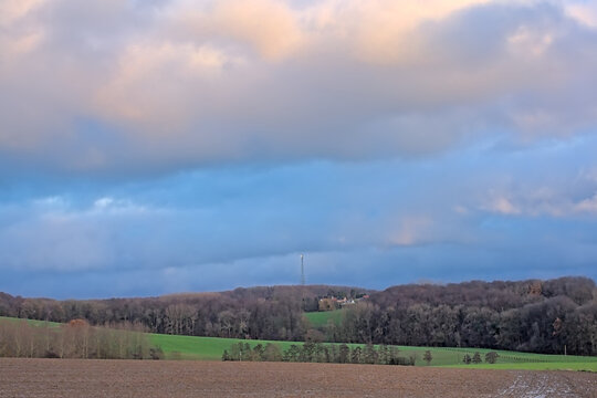 Fields and bare winter forest under a cloudy sky in the fills of Flemish Ardennes. Brakel, Belgium 
