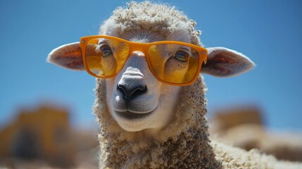 Smiling sheep wearing bright orange sunglasses on a sunny day