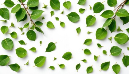 Obraz premium minimalist digital illustration of green leaves scattered randomly on a white background