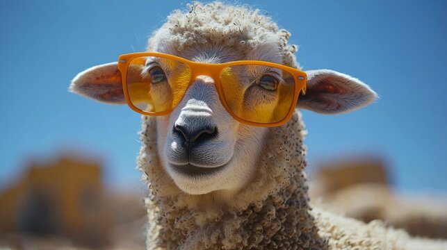 Smiling sheep wearing bright orange sunglasses on a sunny day