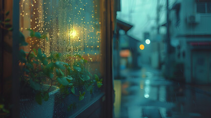 Rainy day view through window with plants and blurred street lights in the background scene outside
