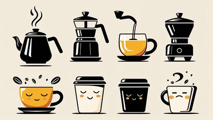 Fototapeta premium Playful Coffee Icon Set – Flat Vector Barista Tools and Characters