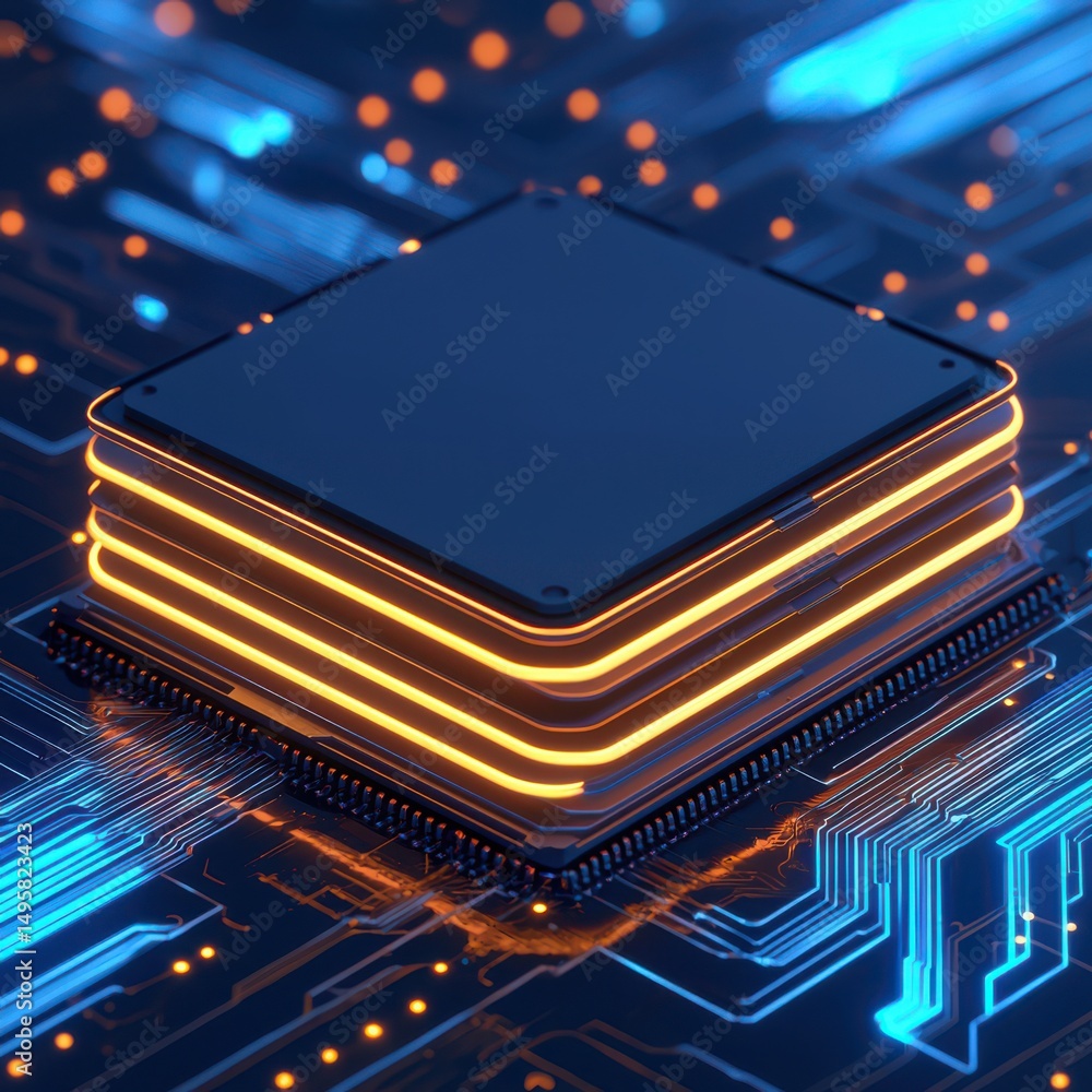 Poster a glowing microchip sits on a futuristic circuit board, symbolizing advanced technology, computing p