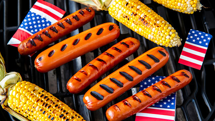 A vibrant 3D text 4th of July in red and yellow hues describes a festive computer business food celebration