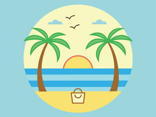 Tranquil Beach Sunset Scene with Palm Trees and a Beach Bag