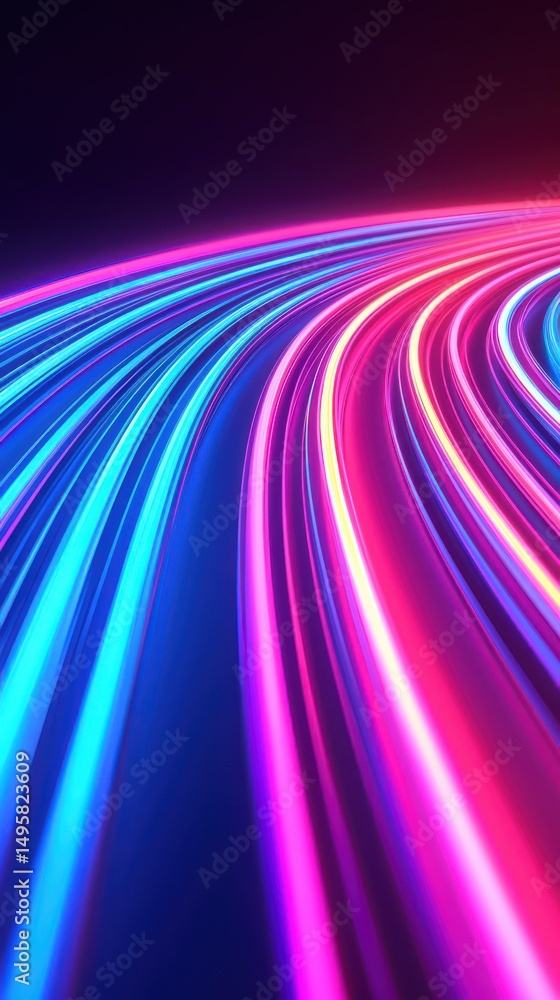 Poster neon light trails curve through a dark background, creating a vibrant, futuristic effect in blue and