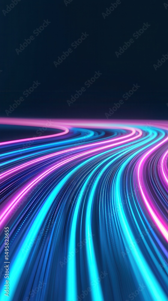 Poster neon blue and pink light trails curve dynamically across a dark background, creating a futuristic, e