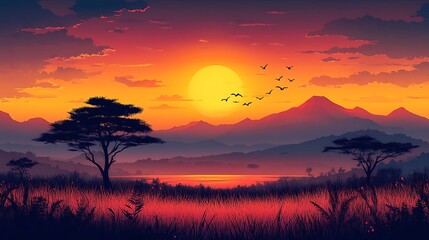 Breathtaking african sunset with silhouetted trees birds and majestic mountains in high resolution photo