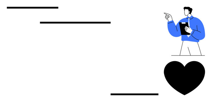 Person holding a clipboard pointing at steps, symbolizing guidance and progress, beside a heart for passion and care. Ideal for mentorship, leadership, coaching, motivation, career planning, personal